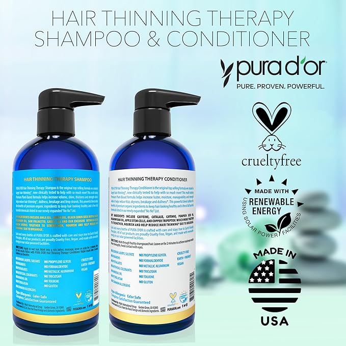 PURA D'OR Hair Thinning Therapy Biotin Shampoo and Conditioner Set, CLINICALLY TESTED Effective Results, Hair Thickening Products For Women & Men, Natural Routine, Color Safe, 16oz x2