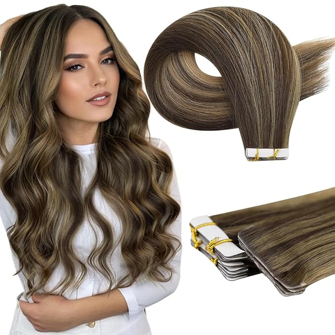 Full Shine Invisible Tape in Hair Extensions Human Hair 20Inch Color BM Injection Virgin Tape in Extensions 25Grams Seamless Skin Weft Human Hair Extensions Tape ins 10Pcs Add Length