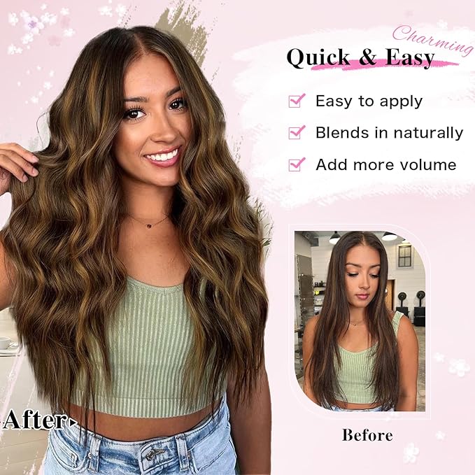 Hair Extensions for Women, 8PCS 16 Inch Curly Light Brown Clip in Hair Extensions Mix Blonde, Synthetic Wavy Full Head Thick Hairpieces for Women