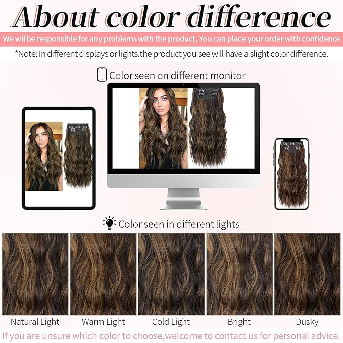 KooKaStyle Clip in Hair Extensions Long Wavy 4PCS Thick Hairpieces Synthetic Highlight Hair Extensions Balayage Dark Brown to Chestnut H2/426 Fiber Double Weft Natural 24Inch for Women