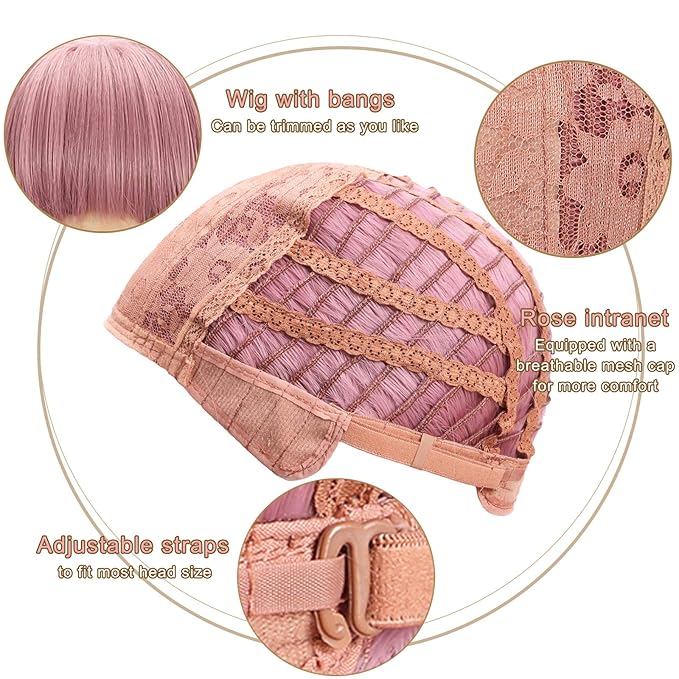 FAELBATY Short Curly Wavy Pink Wigs with Bangs Shoulder Length Synthetic Wig for Women and Girls Costume Cosplay Wigs(12" Pink)