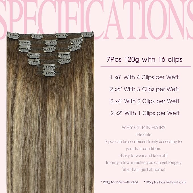PINKPEARL Clip in Hair Extensions Human Hair, Remy Human Hair Clip ins for Women #4/27/4 Chocolate Brown to Caramel Blonde Balayage Clip Hair Extensions 7pcs 120g 20inch(#4/27/4-20)