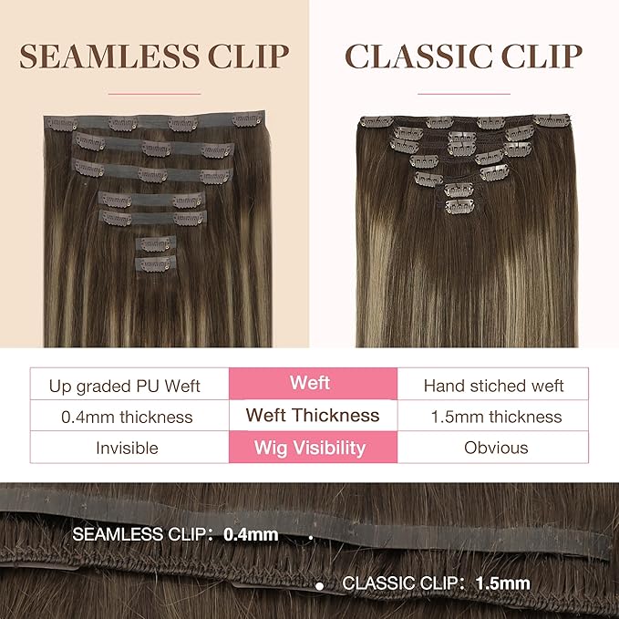 GOO GOO Clip in Hair Extensions Real Human Hair, Remy Human Hair Extensions Clip ins for Women, Natural Human Hair, 22inch 150g 7Pcs, 4/26/4 Balayage Chocolate Brown to Honey Blonde
