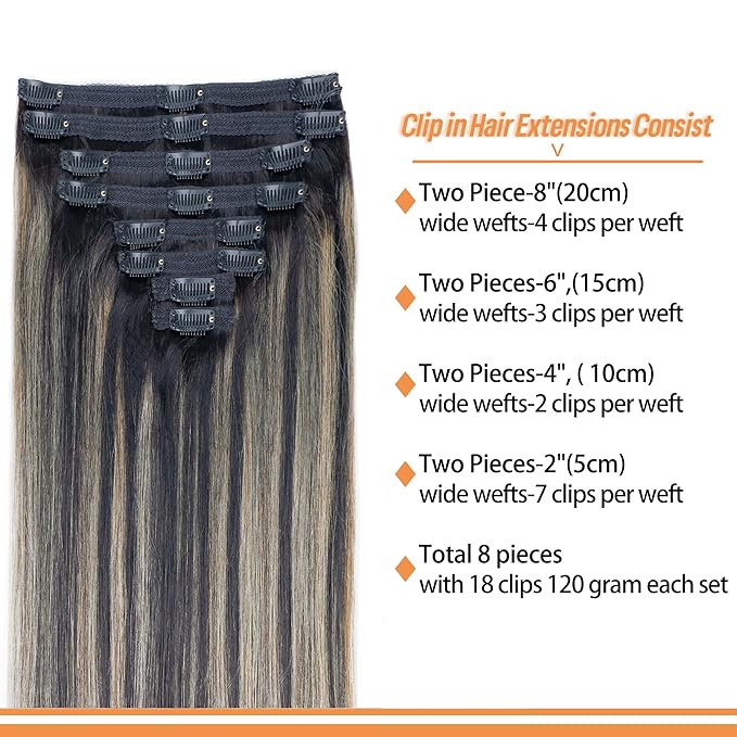 FB27 Balayage Clip In Hair Extensions Real Human Hair Straight Highlight Clip ins for Black Women 8Pcs with 18Clips 120g 20inch #T1B/1B/27 Balayage Black to Blonde