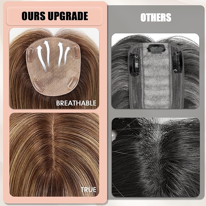 starluck Hair Toppers for Women Real Human Hair 5"*5.5"Large Coverage Mixed Brown No Bangs 100% Real Human Hairtoppers for Women with Thinning Hair Cover Gray Roots