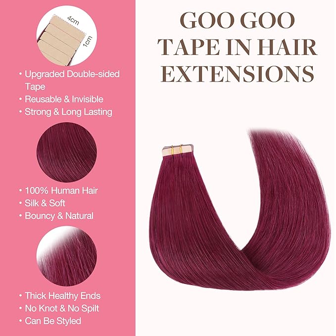 GOO GOO Tape in Hair Extensions Human Hair, Burgundy, 26inch 60g 20pcs, Skin Weft Seamless Invisible, Silky Straight with Thick Ends, Remy Human Hair
