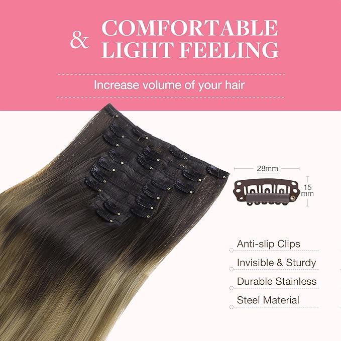 GOO GOO Clip in Hair Extensions Real Human Hair, Remy Human Hair Extensions Clip ins for Women, Natural Human Hair, 14inch 150g 9Pcs, 2/6/18 Balayage Brown to Dirty Blonde