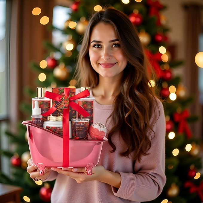 Christmas Gifts for Women, spa kit Gifts for Her Mother's Day Bath Spa Gift Set Red Rose & Tulip Spa Basket Kits for Women, Contains Body Oil, Body Lotion, Salt, self care baskets Mother's Day Gift