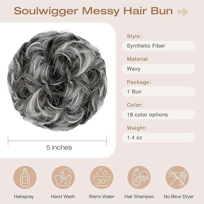 Messy Bun Hair Piece Wavy Curly Scrunchies Fluffy Donut Thick Updo Elegant Chignon Hairpieces for Women Girls, Natural Black Mix Silver Grey 1.4oz