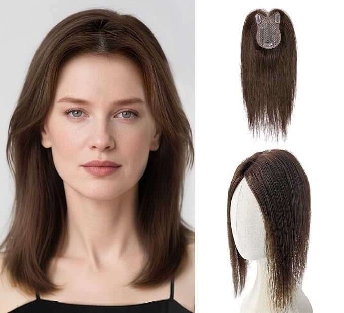 8x11cm Breathable Hair Topper, 12 inches 35g 120% Density Real Human Hair, 3 Non-Slip BB Clips, Wearable on Left, Right & Middle Part, Versatile Styling for Hair Loss & Volume Boost (Brown)