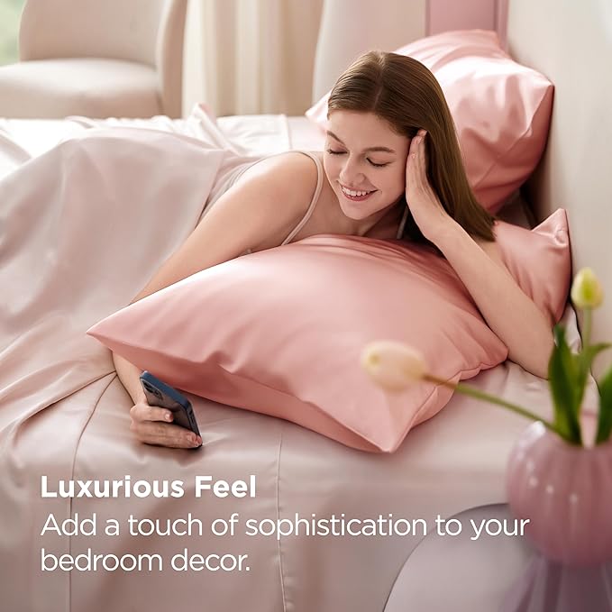 Bedsure Satin Pillowcase for Hair and Skin Queen - Peach Pink Silky Pillowcase 2 Pack with Envelope Closure, Similar to Silk Pillow Cases, Gifts for Women Men, 20x30 Inches, 2pcs