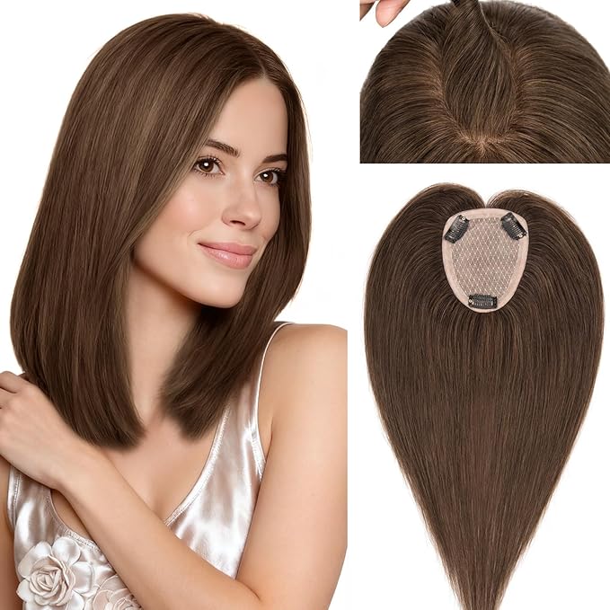Rich Choices Human Hair Toppers for Women-100% Real Remy Hair Topper No Bang-Upgraded 150% Density 9 * 12CM Lace Base-Clip in Hairs Topper for Thinning Hairs-12Inch #2R Chocolate Brown
