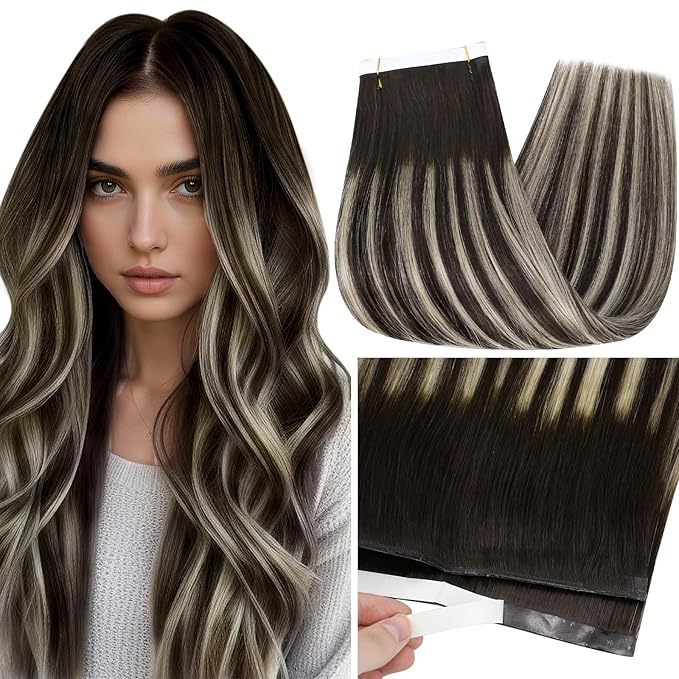 Full Shine Tape in Hair Extensions 18Inch Color 2/60/2 Darkest Brown and Blonde Highlight Balayage Long Tape Weft Invisible Double Sided Tape in Extensions for Daily Office Look 50G One Piece