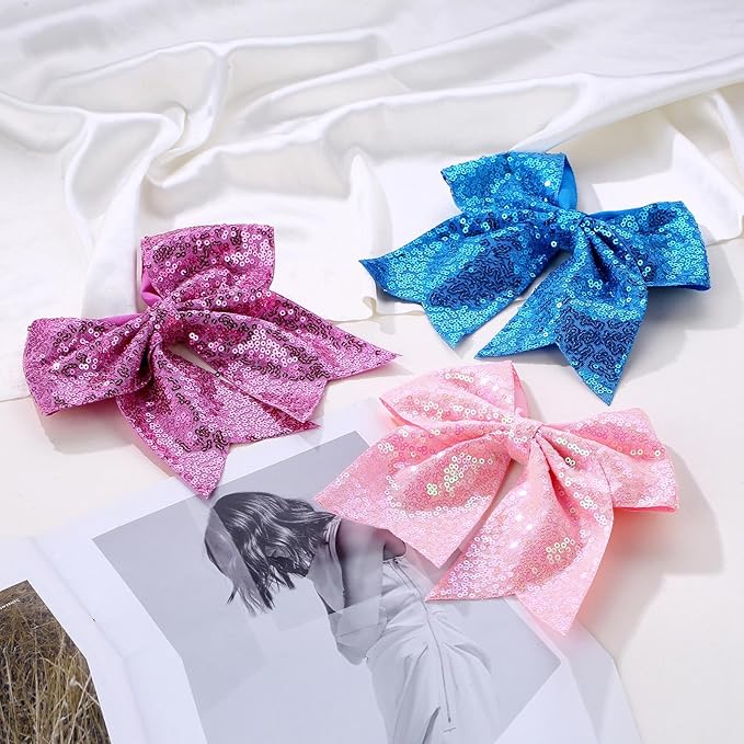 Large Big 7 Inch Glitter Bow Clip Sequin Bling Party Hair Accessories for Women Teens Girls Kids 3 Pcs (Blue, Purple, Black)