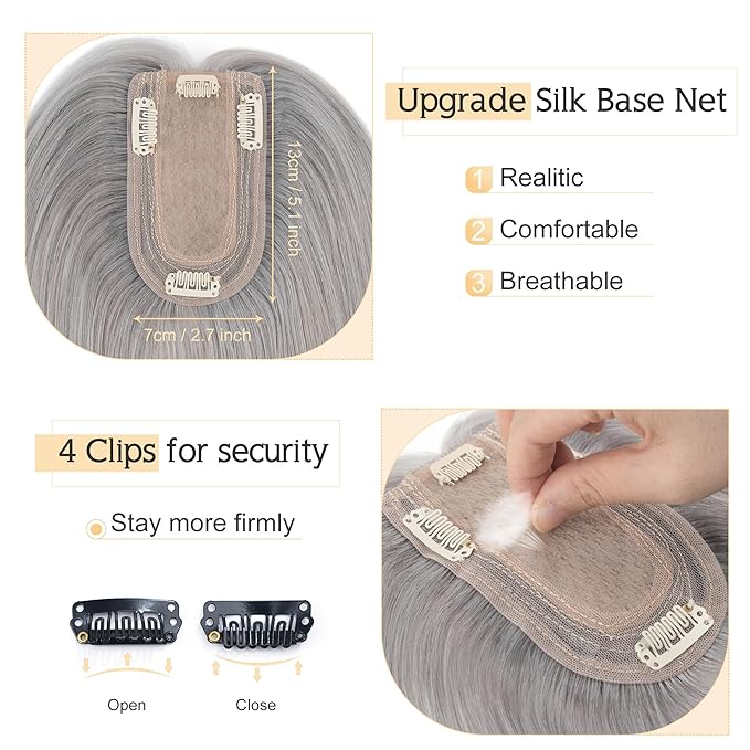 SEGO Grey Hair Toppers for Women Real Human Hair No Bangs, 7 * 13 CM Silk Base Clip In Topper Wiglet, Top Pieces Add Volume -12 Inch G1 Silver Grey