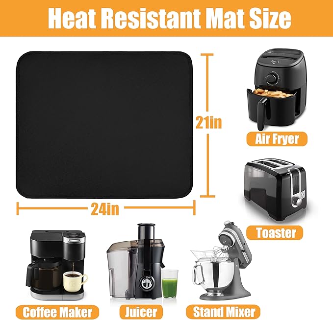 Heat Resistant Mat for Air Fryer, 21 x 24in Heat Resistant Mat for Countertop, Fireproof Silicone Countertop Protector Appliance Slider for Air Fryer, Coffee Maker, Toaster, Oven - Black