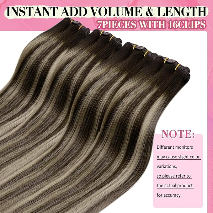 YoungSee Invisible Clip in Hair Extensions Human Hair Brown Balayage Clip on Hair Extensions Chocolate Brown with Ash Blonde Balayage Clip ins Real Human Hair Extension for Natural Look 120G 7Pcs 16In