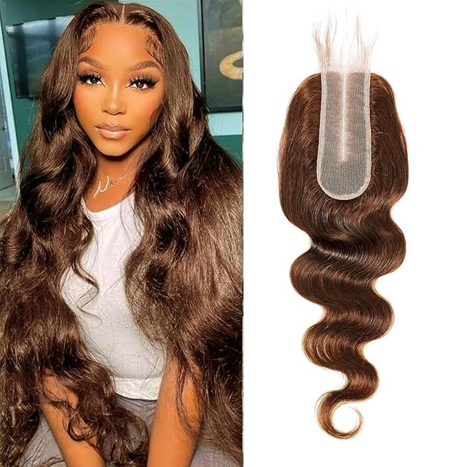 2x6 HD Lace Closure Human Hair Body Wave 4# Chocolate Brown Color Transparent Lace Closure 2x6 Long Deep Middle Part 100% Raw Virgin Human Hair 16 Inch 150% Density