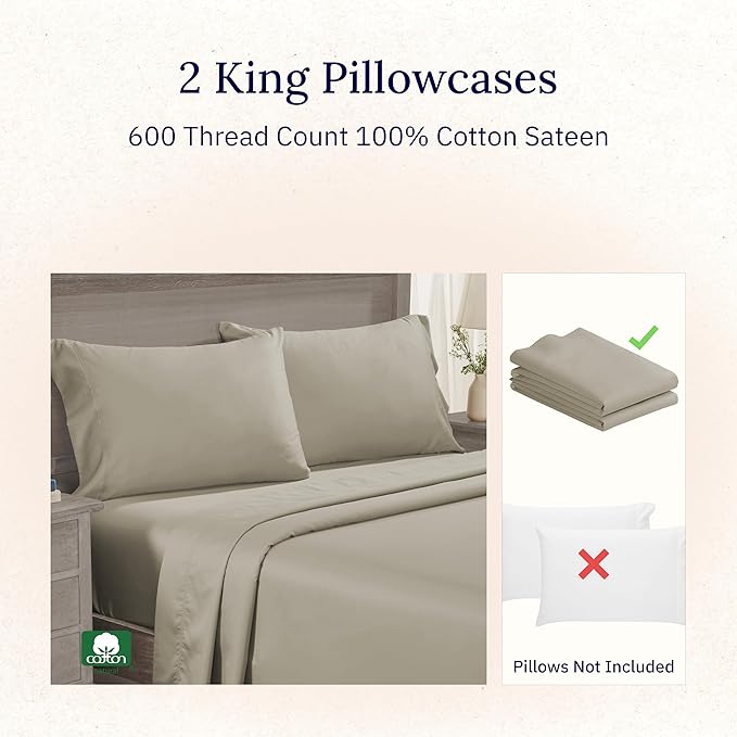 California Design Den Luxuriously Soft Premium 600 Thread Count, 100% Cotton Set of 2 Cases, Crisp King Size Pillow Cases 2Pc, Fits King Pillows (Cool Taupe)
