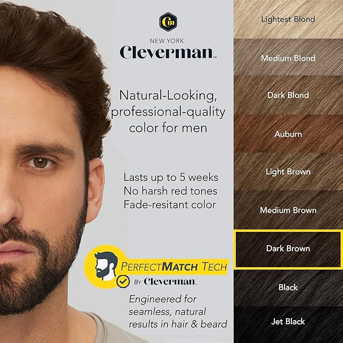 2X Pack Cleverman Hair & Beard Dye Kit for Men, All-in-One Reusable Mens Hair Color, Natural Gray Coverage, Ammonia-Free Beard Mustache Dye for Men (Dark Brown)