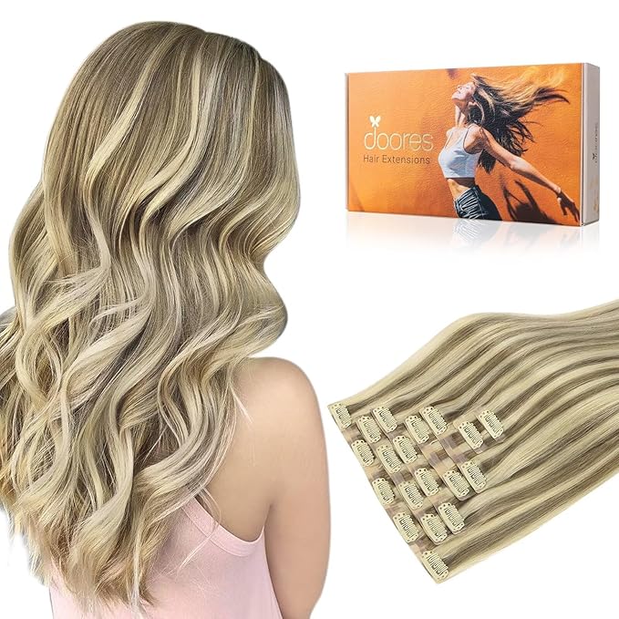 DOORES Real Human Hair Extensions, Light Brown Highlighted Medium Blonde, 7pcs 110g 16 Inch Seamless Clip in, Remy Hair, Natural Straight, Invisi Edge