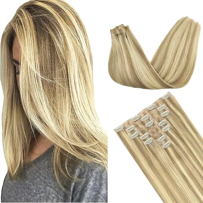 GOO GOO Clip in Hair Extensions Real Human Hair, Remy Human Hair Extensions Clip ins for Women, Natural Human Hair, 18inch 130g 7Pcs, 16/22 Light Blonde Highlighted Golden Blonde