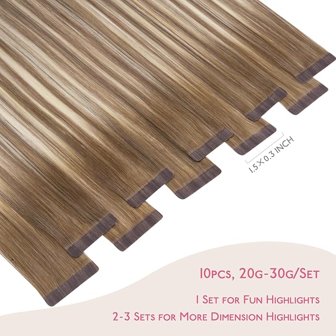 WENNALIFE Tape in Hair Extensions Human Hair Balayage Dirty Blonde with Platinum Ends Tape in Extensions, 10pcs 20g 12 inch Remy Invisible Tape Ins Straight Colored Soft Refill Set
