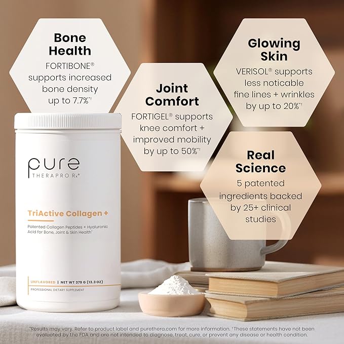 Pure Therapro Rx TriActive Collagen Plus, Collagen Powder for Hair, Skin, Nails, Bones & Joints, Hydrolyzed Collagen Powder w/Patented Peptides, Unflavored Multi Collagen Protein Powder, 30 Servings