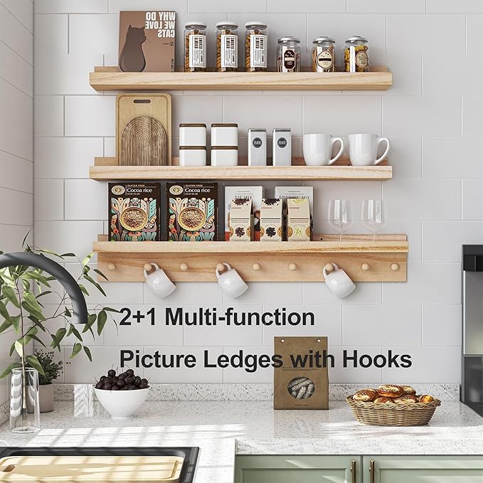 MBYD Wood Wall Shelf With Hooks Floating Shelves for Wall Bathroom Shelves Wall Mounted Nursery Floating Bookshelf for Kids Room Toy Storage Shelf for Bedroom Picture Frames Kitchen (Natural, 36 Inch)
