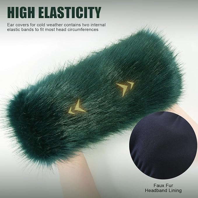 Faux Fur Headband for Women Elastic Fuzzy Thick Earmuffs Winter Headwrap Ear Muffs Furry Ear Warmers Cold Weather (Dark Green)