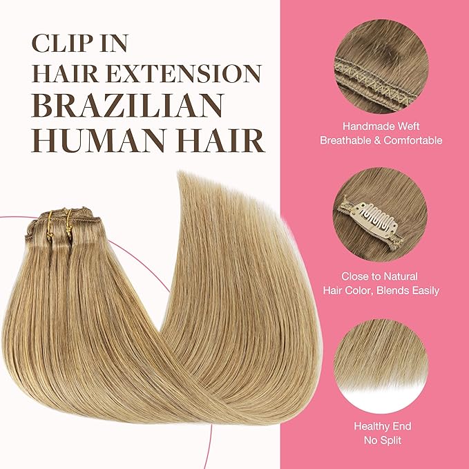 GOO GOO Clip in Hair Extensions Real Human Hair, Remy Human Hair Extensions Clip ins for Women, Natural Human Hair, 14inch 150g 9Pcs, 7 Bronde