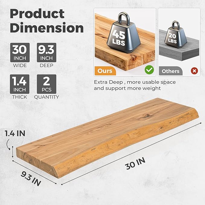 RICHFOCUS Live Edge Elm Floating Shelves - 30" W x 9.3" D Rustic Solid Wood Wall Shelves with Invisible Bracket, Wall-Mounted for Living Room, Bedroom, Kitchen Storage & Display, Set of 2, Natural