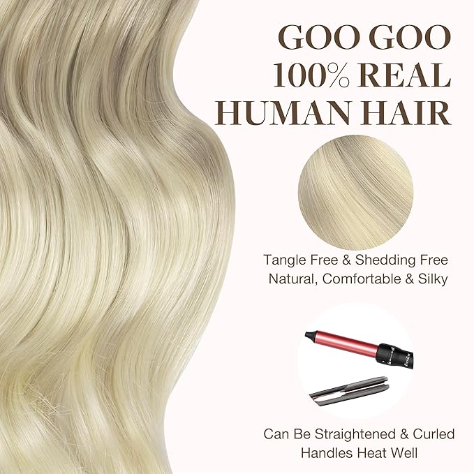 GOO GOO Tape in Hair Extensions Human Hair, 17/22/60 Ash Blonde to Golden Blonde and Platinum Blonde, 16inch 50g 20pcs, Skin Weft Seamless Invisible, Silky Straight with Thick Ends, Remy Human Hair