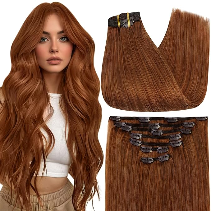 Full Shine Copper Real Hair Clip in Extensions Copper Red Clip in Hair Extensions for Women Short Hair 12 Inch 95 G 7 Pcs
