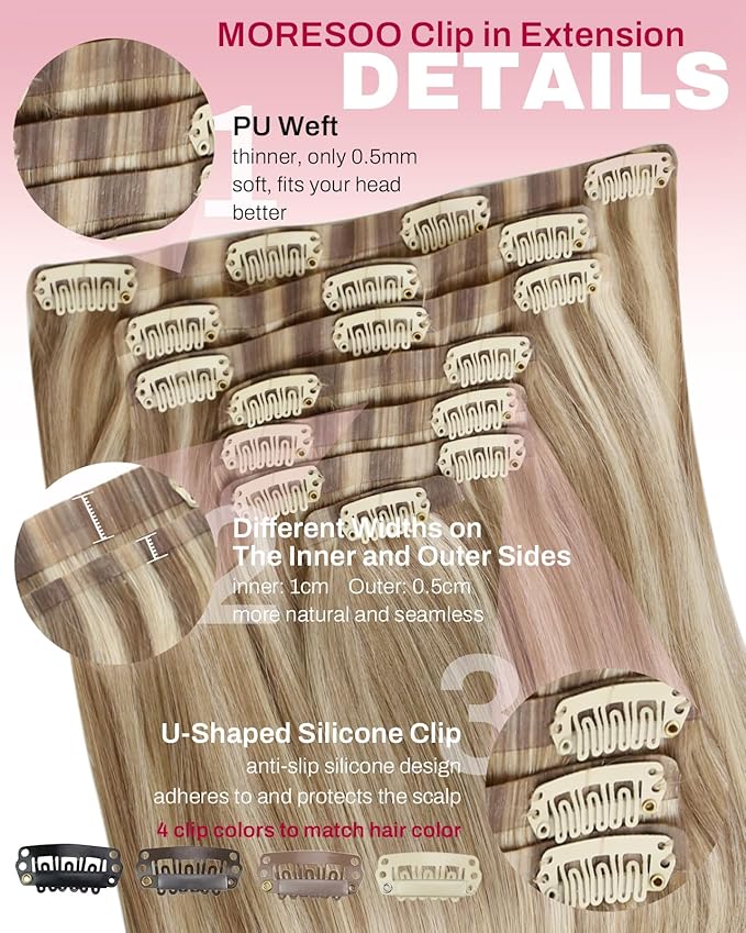 Moresoo Seamless Clip in Hair Extensions Human Hair Remy Straight PU Weft Human Hair Clip in Extensions Full Head Light Brown Highlight with Blonde 7pcs/120g 14inch