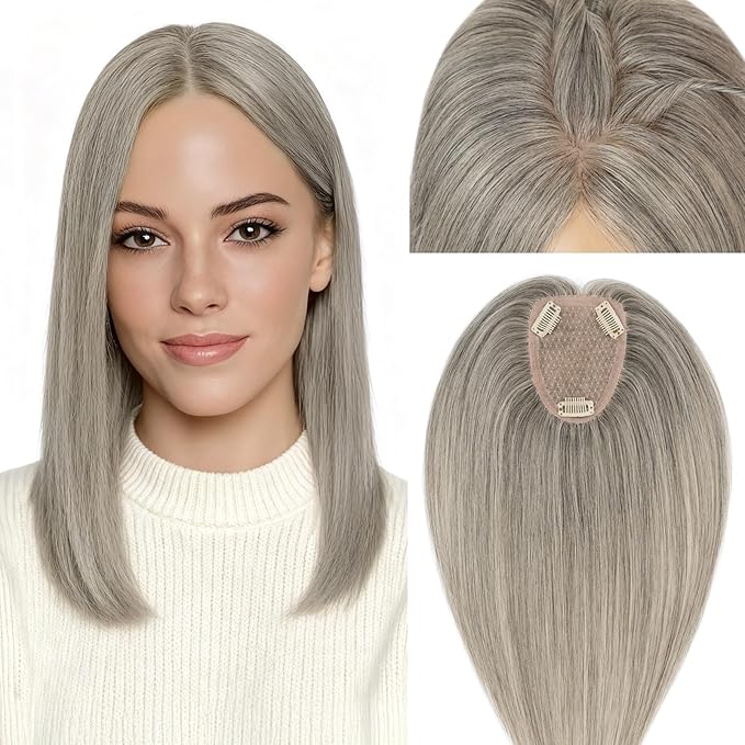 Rich Choices Human Hair Toppers for Women-100% Real Remy Hair Topper No Bang-Upgraded 150% Density 9 * 12CM Lace Base-Clip in Hairs Topper for Thinning Hairs-10Inch #G3 Salt and Pepper Grey