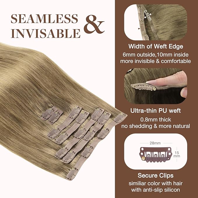 GOO GOO Clip in Hair Extensions Real Human Hair, Remy Human Hair Extensions Clip ins for Women, Natural Human Hair, 22inch 150g 7Pcs, 7 Bronde