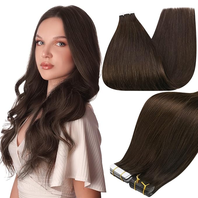 Full Shine Tape ins Real Human Hair Extensions 16Inch Dark Brown Color Seamless Tape in Extensions Skin Weft Double Sided Tapes in Hair Extensions 20Pcs 50G Invisible Remy Hair Extensions Human Hair