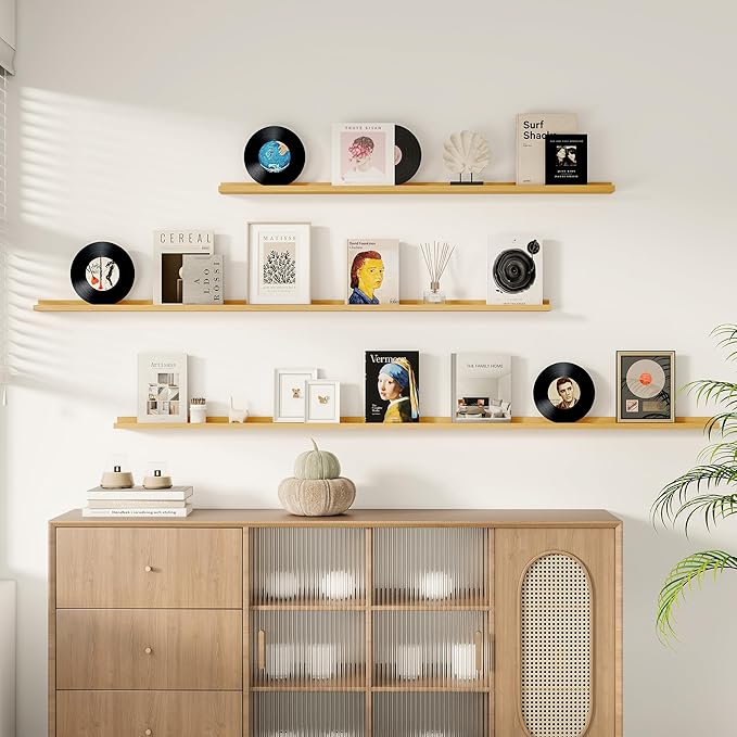Floating Picture Ledge Shelves for Wall Set of 2, 72 Inches Picture Ledge Shelf with Long Large Nursery Book Shelf for Toys Storage Kids Bookshelf Wall Mounted Living Room Bedroom Decor Frames, Oak