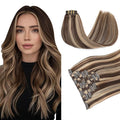 PINKPEARL Clip in Hair Extensions Human Hair 20inch 120g 7pcs Remy Human Hair Extensions Clip in #4P27 Chocolate Brown Highlighted Caramel Blonde Clip Hair Natural Human Hair(#4P27-20)