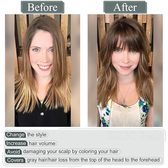 SEGO Hair Toppers for Women Real Human Hair with Front Bangs, Clip in Toppers with Thinning Hair Straight 150% Density Silk Base -18 Inch #2 Dark Brown