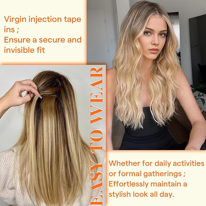 Full Shine Injected Tape in Hair Extensions Color R3 Dark Brown to 8 Light Brown Ombre Seamless Tape in Extensions Virgin Real Human Hair 18Inch Silky Straight 12.5Grams 5Pcs for Postpartum Women