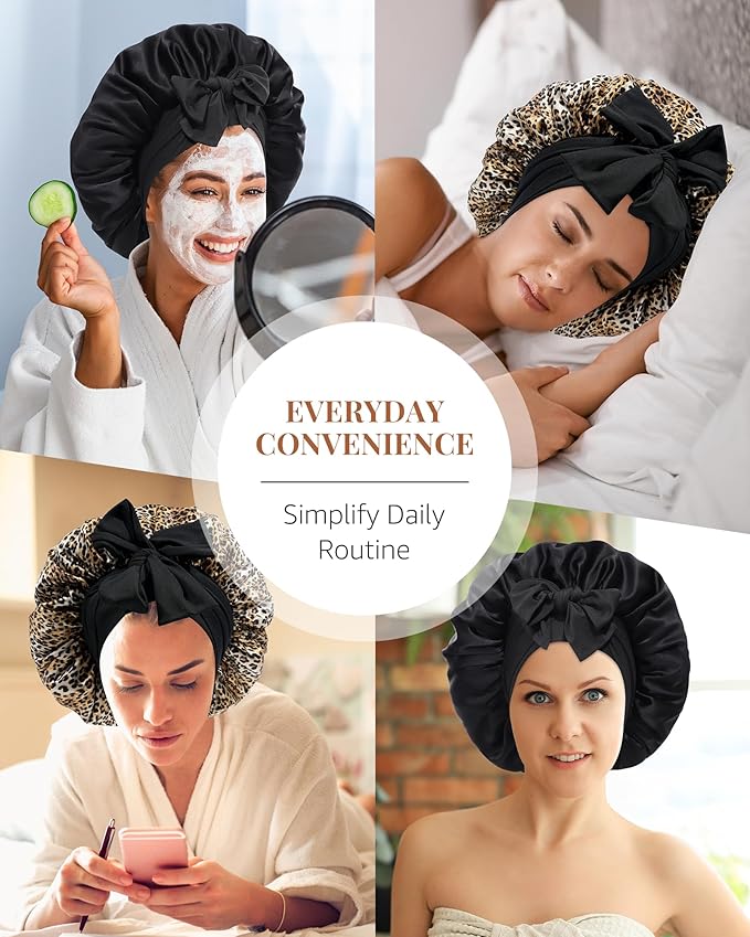 AWAYTR Silk Bonnet for Sleeping Women 100% Mulberry Silk Bonnet with Band 2 Layer Reversible Hair Bonnet Sleeping Hair Wrap (Leopard/Black)
