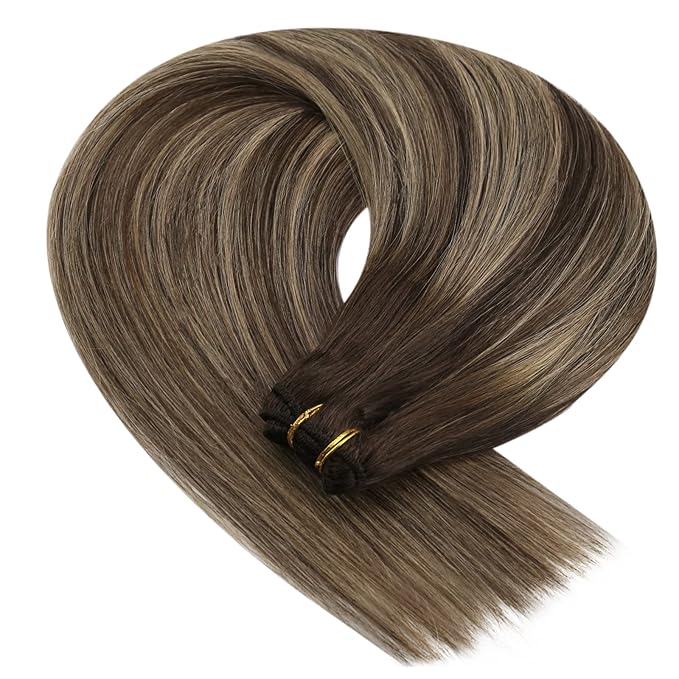 YoungSee Weft Hair Extensions Balayage Sew in Hair Extensions Dark Brown Ombre Caramel Blonde Mix Brown Human Hair Weft Extensions for Women 16Inch 100G