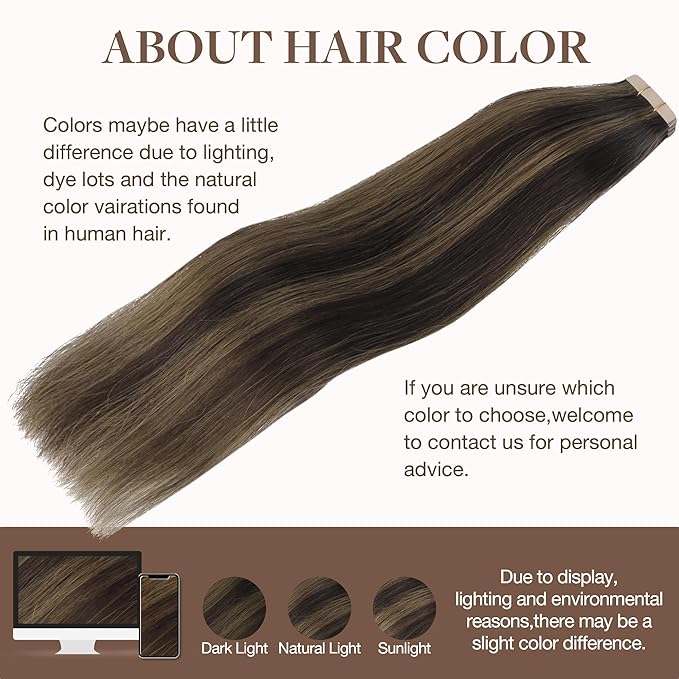 GOO GOO Tape in Hair Extensions Human Hair, 2/6 Dark Brown Highlighted Chestnut Brown, 18inch 50g 20pcs, Skin Weft Seamless Invisible, Silky Straight with Thick Ends, Remy Human Hair