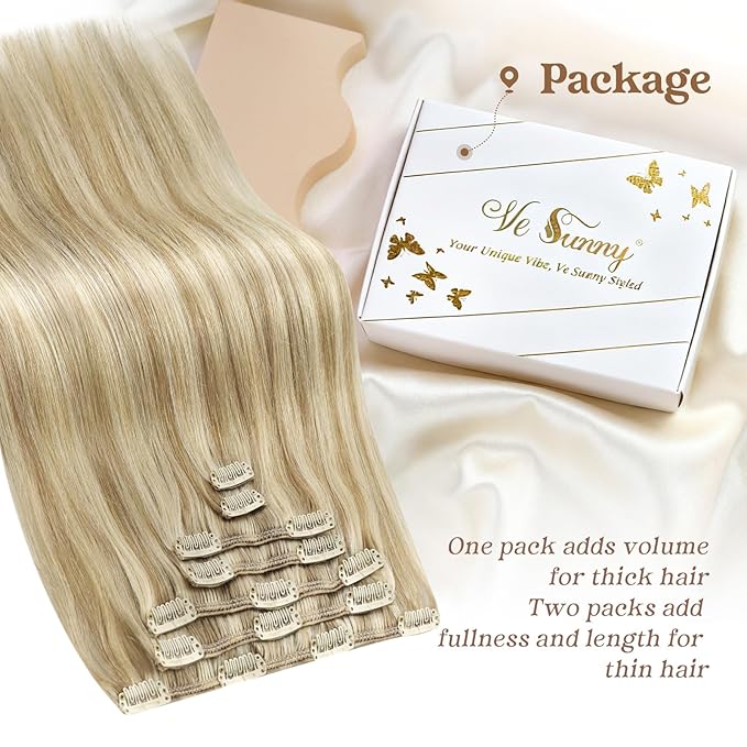 Ve Sunny 24 inch Hair Extensions Clip in Human Hair Dark Blonde Highlights Golden Blonde Hair Extensions Real Human Hair Long Clip in Hair Extensions 7pcs 120g