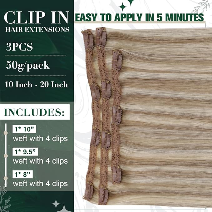 RUNATURE Clip in Extensions Real Human Hair Highlight Hair Extensions Clip Ins, Double Weft Straight Remy Hair, Can Be Styled 14 Inch 50g 3pcs #8P60 Light Brown Highlight Platinum Blonde