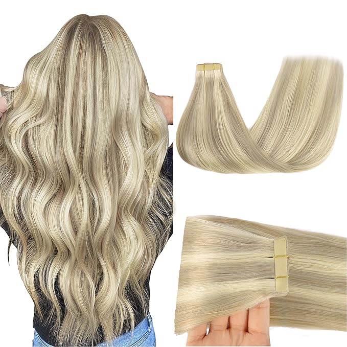 GOO GOO Tape in Hair Extensions Human Hair, 17A/60A Ash Blonde Highlighted Platinum Blonde, 18inch 50g 20pcs, Skin Weft Seamless Invisible, Silky Straight with Thick Ends, Remy Human Hair