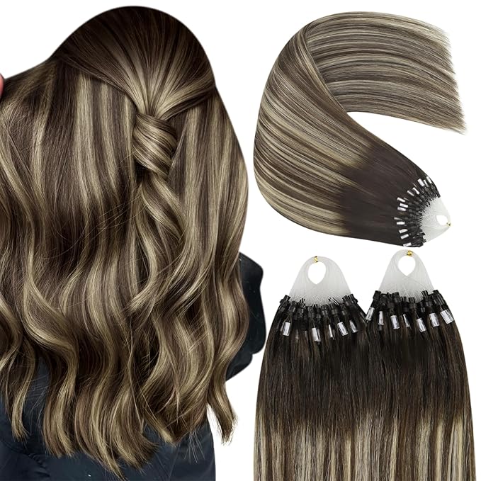 YoungSee Micro Beads Hair Extensions Human Hair Balayage Micro Hair Extensions Human Hair Ombre Dark Brown to Blonde Micro-Loop Hair Extension 14 Inch 50g 50s Bead Hair Extension for Short Hair