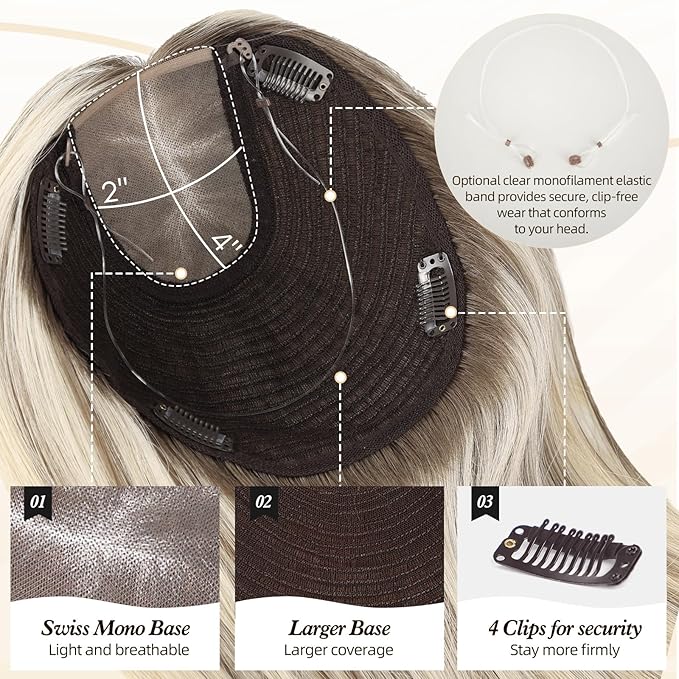 MONO TOP Hair Toppers for Women Human Hair 12 Inch 7"×8" Big Base Partial wig Cover Thinning Hair or Loss No Bangs Top Hair Pieces Natural Wiglets (Dark Brown Highlights)